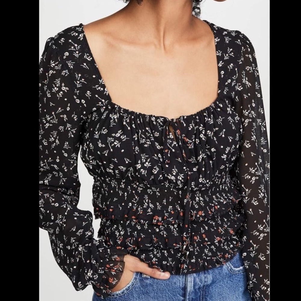 Free People Black Floral Smocked Waist‎ Long Sleeve Top XS peasant boho western